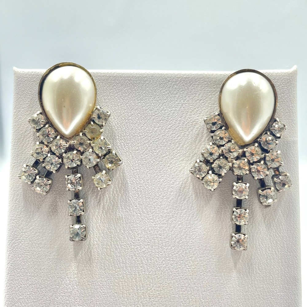 Vintage Faux Pearl Rhinestone Drop Earrings Silver Tone Art Deco Cocktail Retro